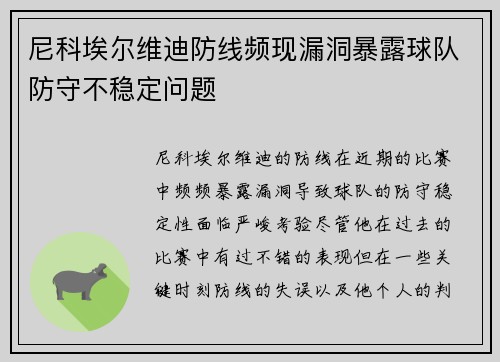 尼科埃尔维迪防线频现漏洞暴露球队防守不稳定问题 尼科埃尔维迪防线频现漏洞暴露球队防守不稳定问题
